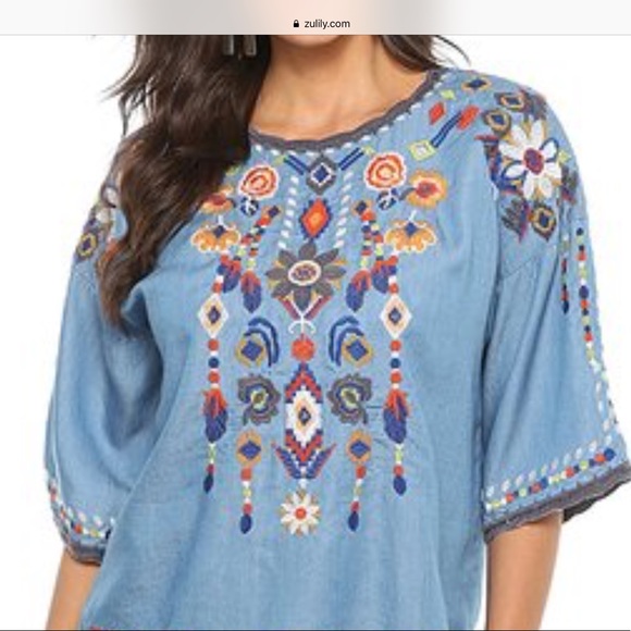 komili Tops - Komili Chambray Embroidered Top